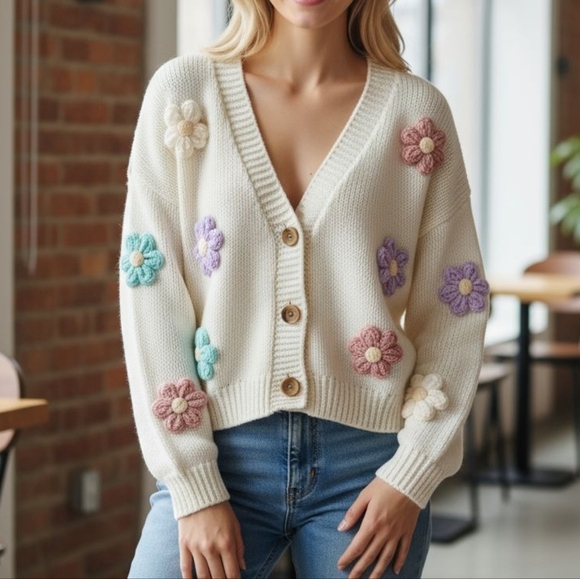 Flower Embroidey Cardigan. Size Medium - Picture 1 of 5